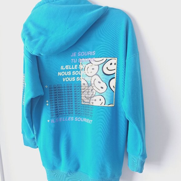 Positive Attitude Happy Smiley Print Hoodie (Blue) - Picture 4 of 8